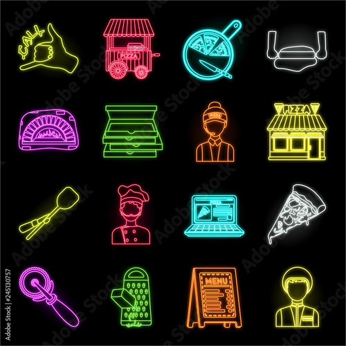 Pizza and pizzeria neon icons in set collection for design. Staff and equipment vector symbol stock web illustration.