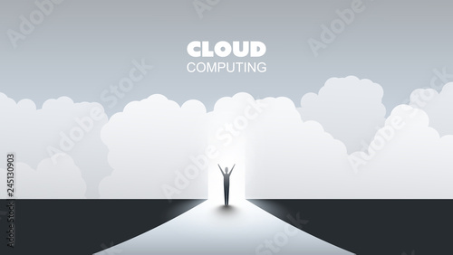 New Possibilities - Business, Solutions Finding, Cloud Computing Design Concept with a Standing Businessman Under Cloudy Sky - Digital Network Connections, Technology Background 