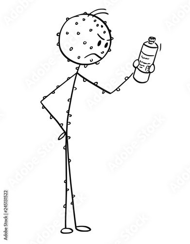 Cartoon stick drawing conceptual illustration of angry man having allergic skin rush and reading ingredients and warnings on bottle of cosmetics or drink or food.