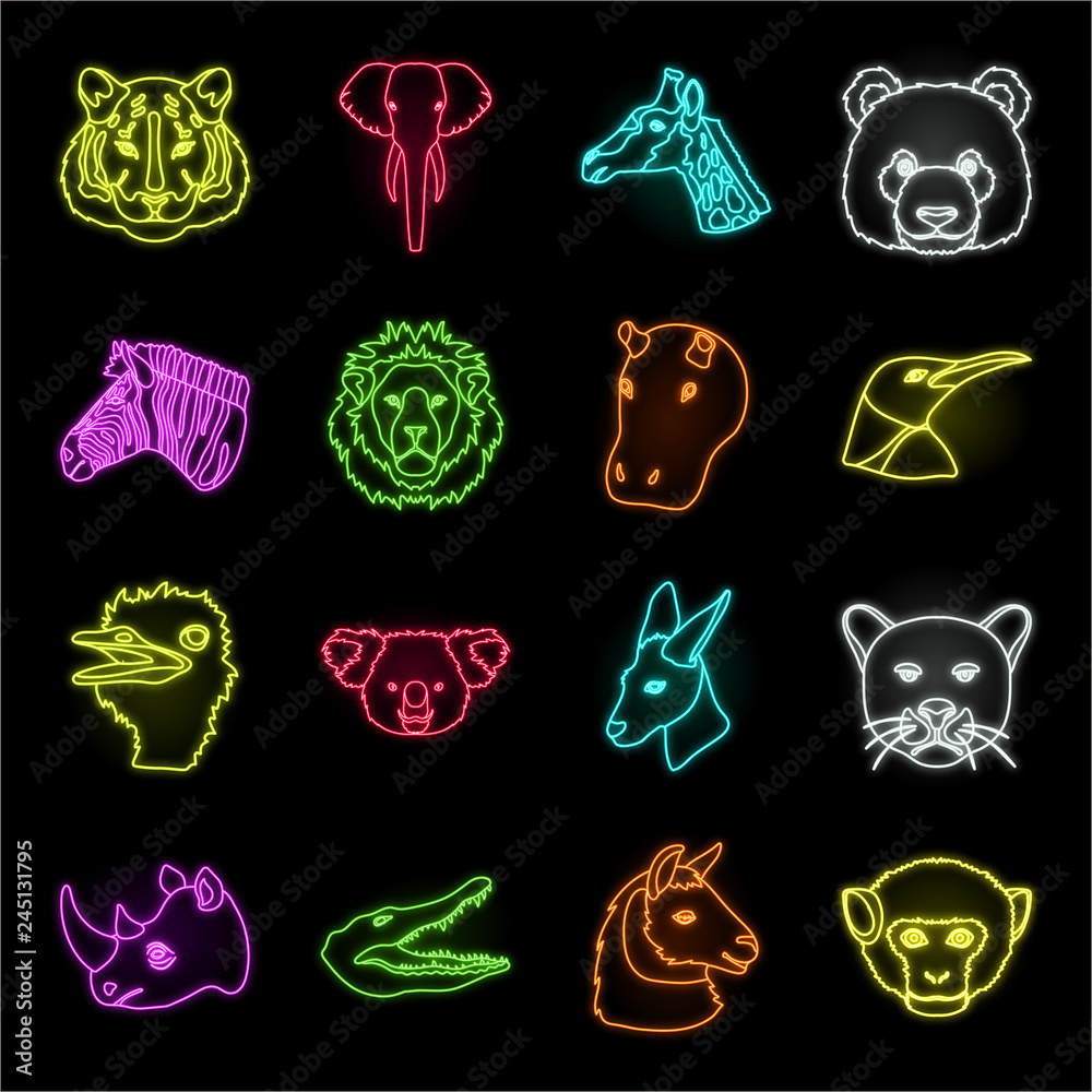 Wild animal neon icons in set collection for design. Mammal and bird vector symbol stock web illustration. Wild animal neon icons in set collection for design. Mammal and bird vector symbol stock web illustration.