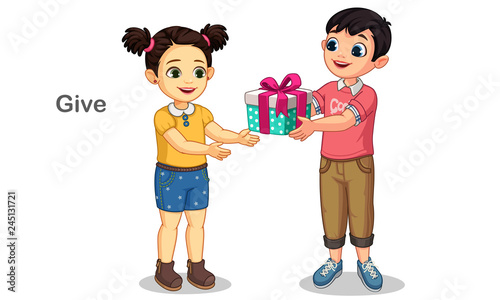 Little boy giving gift to a little cute girl vector illustration