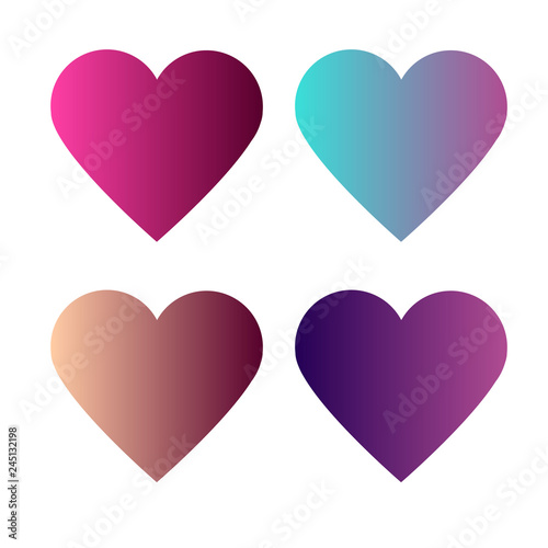 Set of 4 heart with  colorful gradients on white background.Set of four ready to use Hearts isolated.Perfect for wedding invitation, St. Valentines Day cards,baners.Vector Eps10