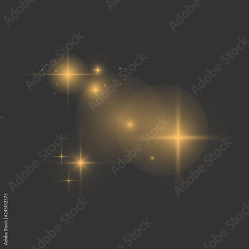 Vector glowing lights effect, flare, explosian and stars. Special effect isolated on dark background background. Gold. Yellow. Vector Eps10.