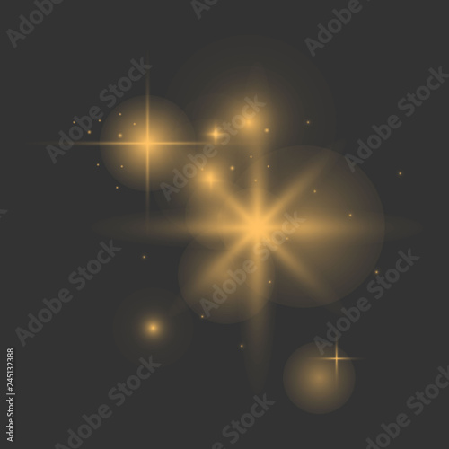 Vector glowing lights effect, flare, explosian and stars. Special effect isolated on dark background background. Gold. Yellow. Vector Eps10. photo