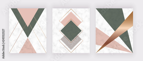 Modern geometric marble design with golden lines, pink and green triangles and hexagons shapes. Fashion background for banner, graphic poster, scandinavian art, flyer, poster, wedding invitation, card
