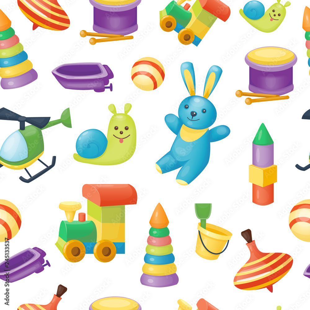 Seamless pattern of toys for kids games. Vector illustration, cartoon style