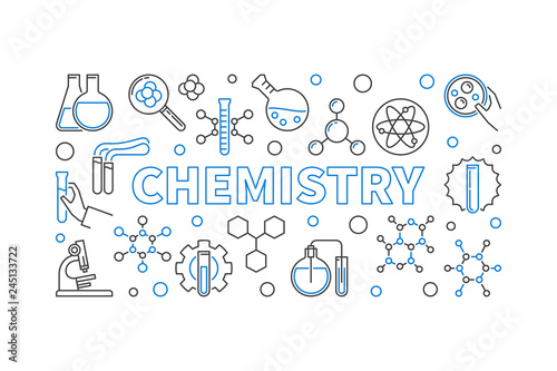 Chemistry concept outline horizontal banner. Vector illustration in thin line style