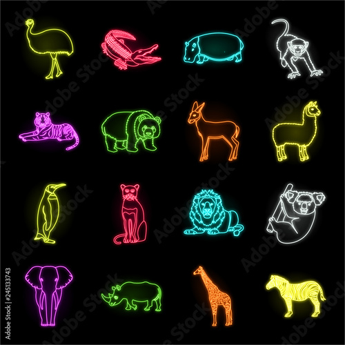 Different animals neon icons in set collection for design. Bird, predator and herbivore vector symbol stock web illustration.