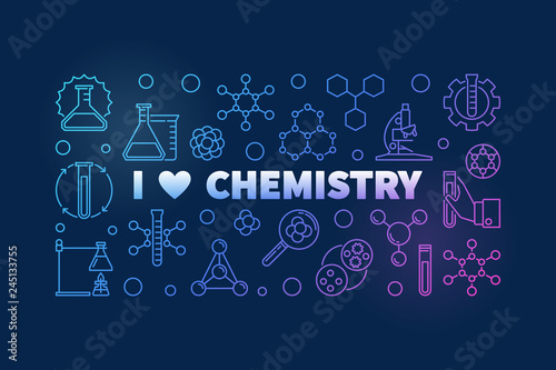 I Love Chemistry colored banner - vector Chemical concept outline illustration on dark background