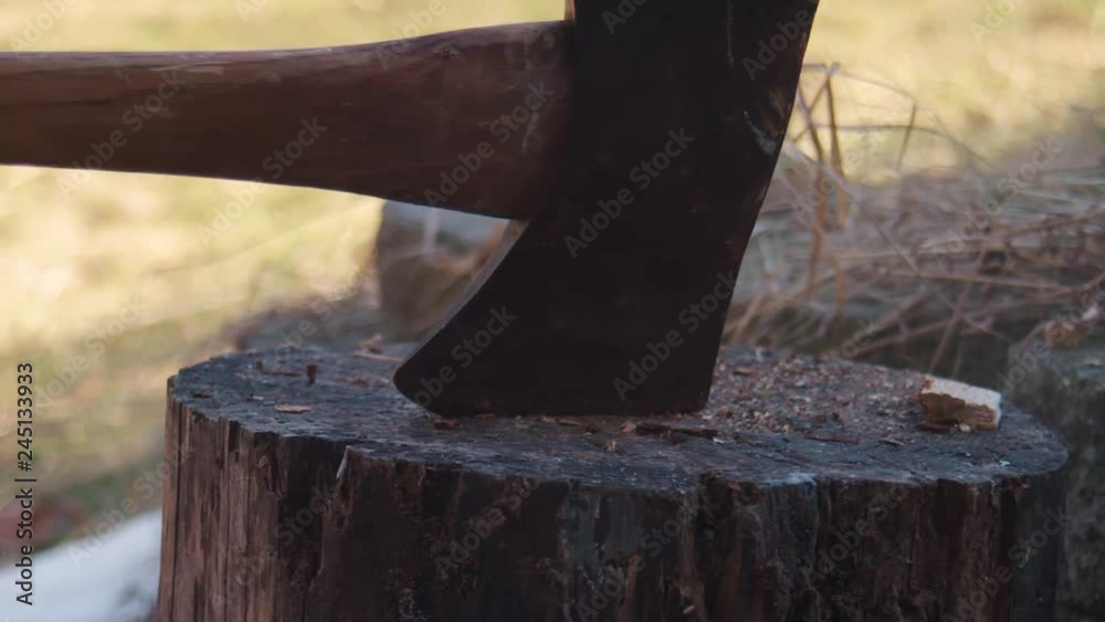 Slow motion 180fps: Piece of wood chopped in half by axe on stump, closeup Slow motion 180fps: Piece of wood chopped in half by axe on stump, closeup
