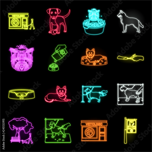 Pet neon icons in set collection for design. Care and education vector symbol stock web illustration.