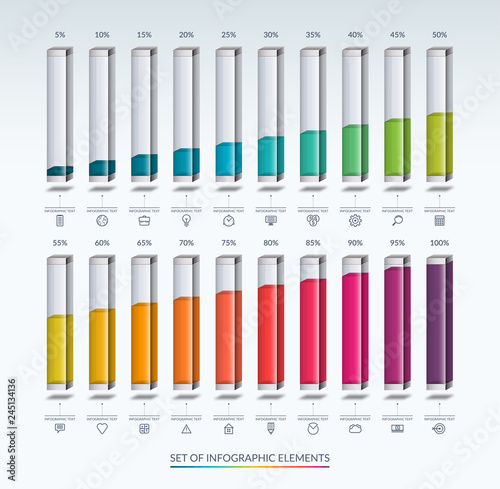Set of infographic elements for graph, chart or diagram in the form of square glass beakers filled with colored liquid. Vector illustration