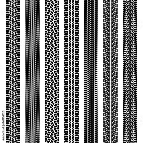 Set of seamless car tire tracks isolated on white background, seamless vector texture