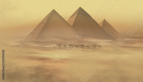 Desert landscape with pyramids. Sandstorm  camel caravan.