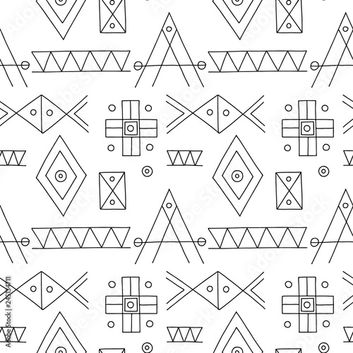 Seamless vector pattern. Black and white geometrical hand drawn background with etnic elements. Print for background, wallpaper, packaging, wrapping, fabric. Tribal grafhic design photo