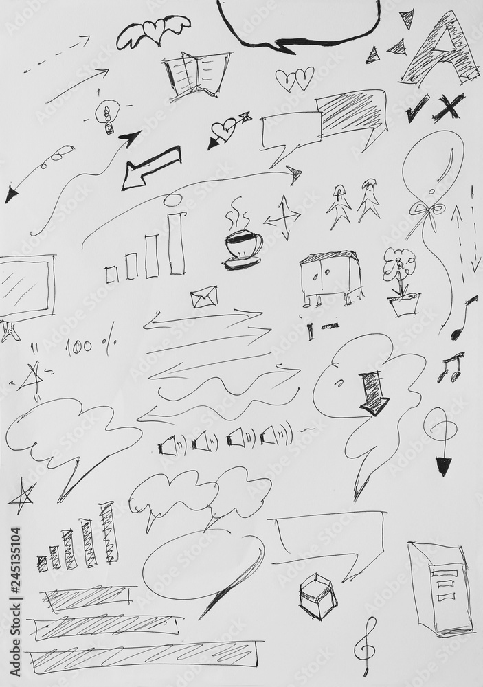 Hand pen drawn sign and symbol doodles elements on white paper background