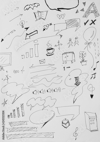 Hand pen drawn sign and symbol doodles elements on white paper background