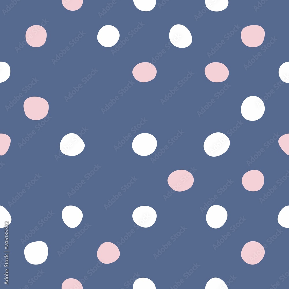 Tile vector pattern with pastel hand drawn dots on blue background
