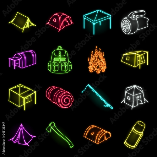 Different kinds of tents neon icons in set collection for design. Temporary shelter and housing vector symbol stock web illustration.