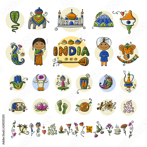 India, icons set. Sketch for your design