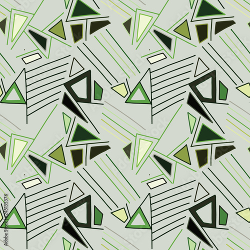Seamless vector green pattern, lined asymmetric geometric background with rhombus, triangles. Print for decor, wallpaper, packaging, wrapping, fabric. Triangular graphic design. Line drawing