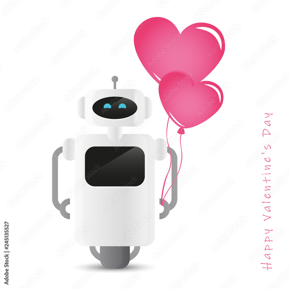cute robot holding pink heart shaped balloon design for valentines day vector illustration EPS10 cute robot holding pink heart shaped balloon design for valentines day vector illustration EPS10