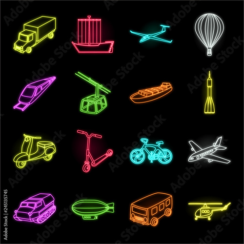 Different types of transport neon icons in set collection for design. Car and ship vector symbol stock web illustration.