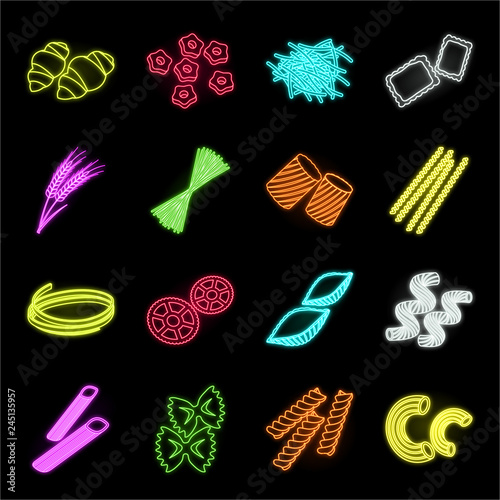 Types of pasta neon icons in set collection for design. Figured macaroni for eating vector symbol stock web illustration.