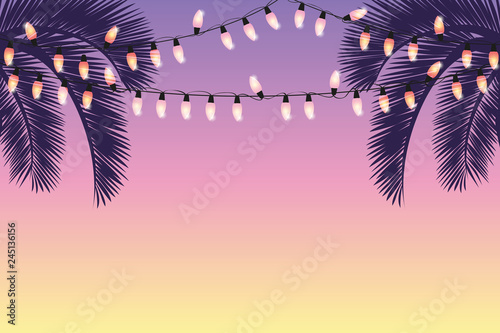 summer background with palm trees and fairy lights vector illustration EPS10