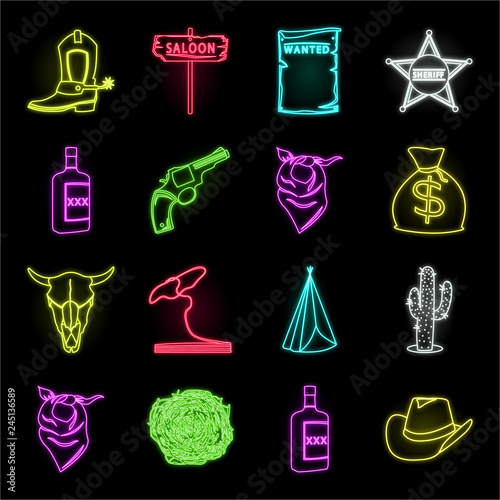Attributes of the wild west neon icons in set collection for design.Texas and America vector symbol stock web illustration.