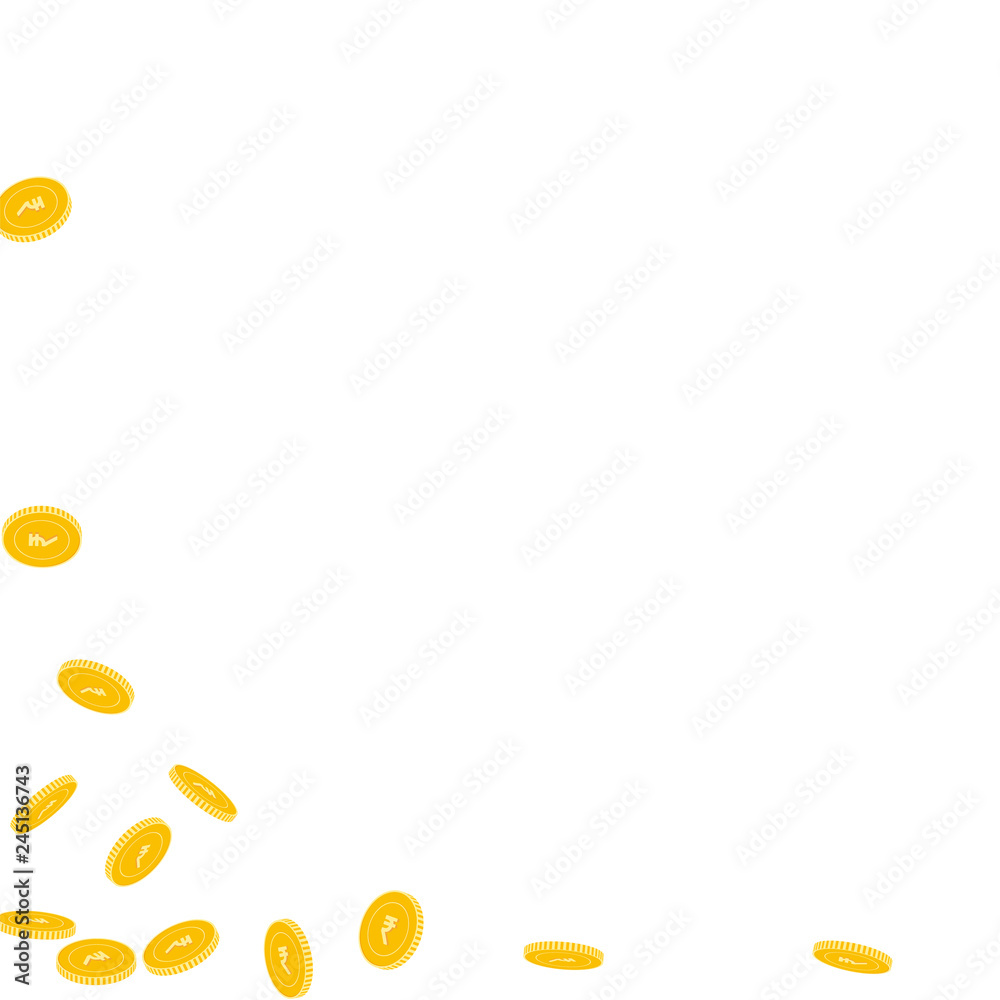 Indian rupee coins falling. Scattered sparse INR c Indian rupee coins falling. Scattered sparse INR c