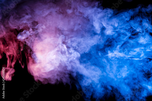 A colorful neon smoke pattern on a dark background with a transition from blue to violet in color, with white particles of star dust.