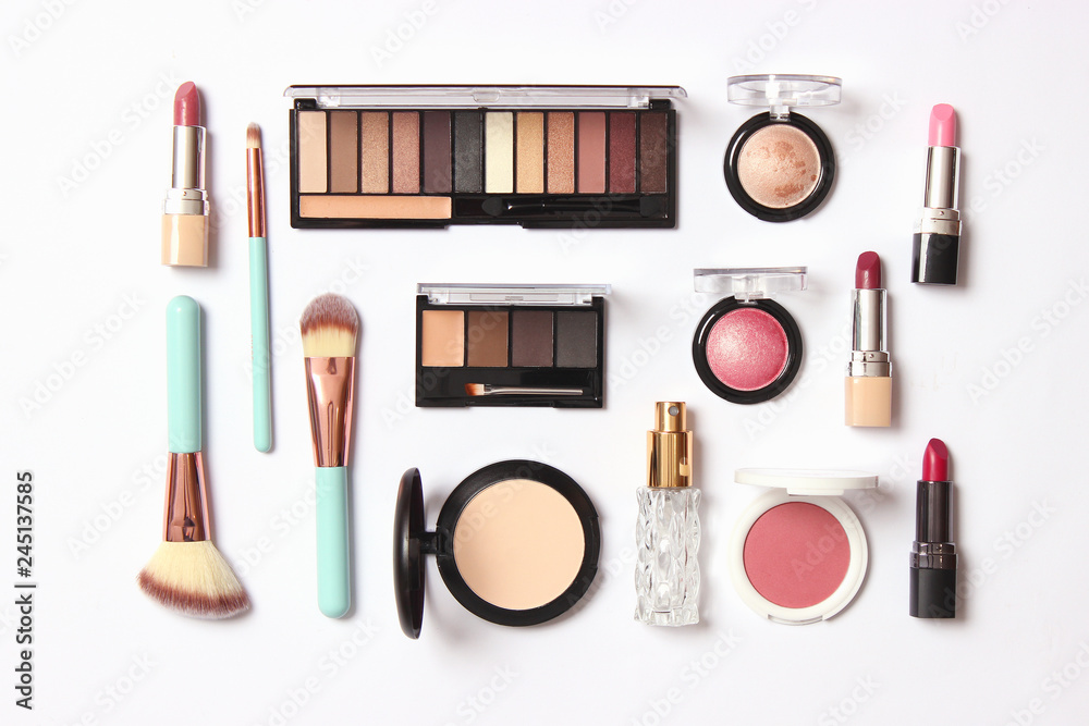 professional makeup tools. Products for makeup on a white background top view. A set of various products for makeup. - obrazy, fototapety, plakaty 