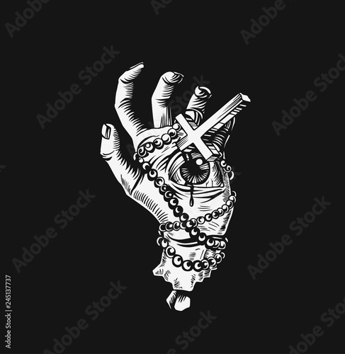 Praying hands with rosary, Hand Drawn Sketch Vector Background.