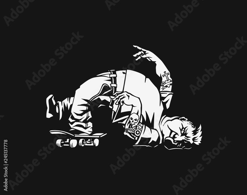 Fatty urban boy with a fell skateboard. vector illustration