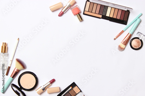 professional makeup tools. Products for makeup on a white background top view. A set of various products for makeup.