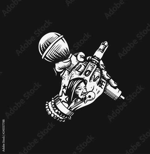 Human hand holding microphone with finger fuck off insult ignore gesture, vector illustration.