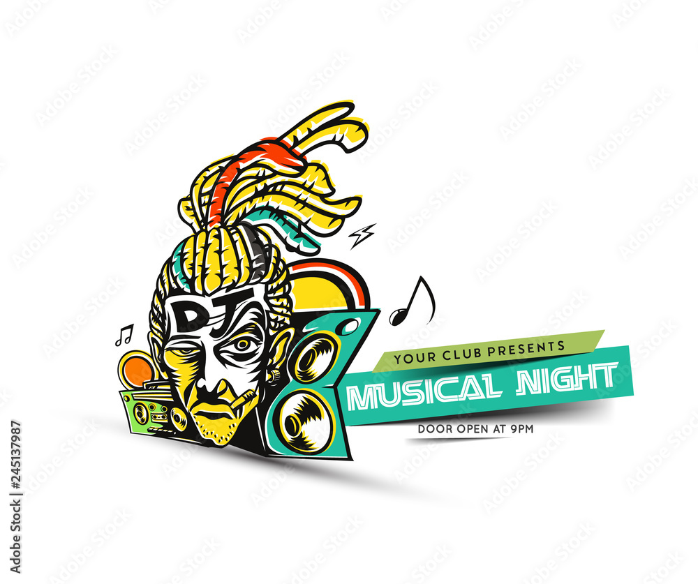 Dj man playing tunes - music themed elements to use for event poster Dj man playing tunes - music themed elements to use for event poster