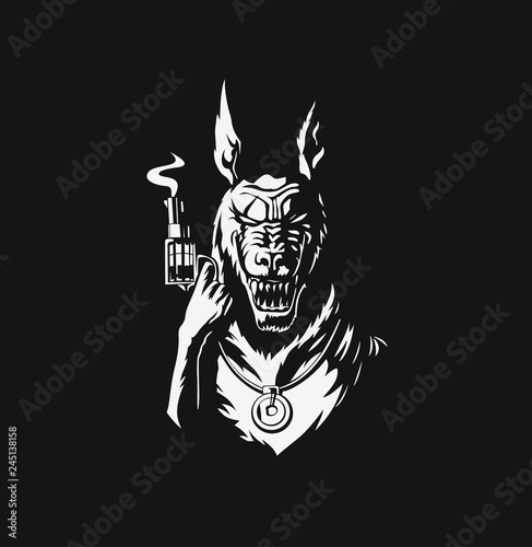 Wolf as a prisoner with gun over dark background, Vector illustration.