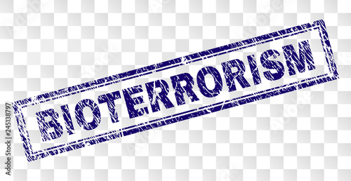 BIOTERRORISM stamp seal imprint with rubber print style and double framed rectangle shape. Stamp is placed on a transparent background.
