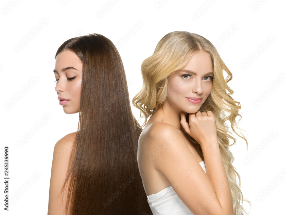 Beautiful hair women group beauty concept woman with long hairstyle different color and fashion isolated on white. Curly and smooth brunette and blonde hair model Beautiful hair women group beauty concept woman with long hairstyle different color and fashion isolated on white. Curly and smooth brunette and blonde hair model