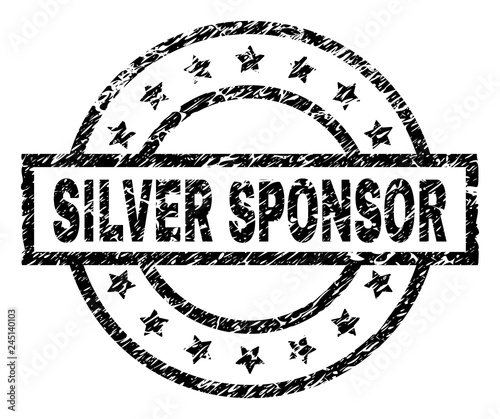 SILVER SPONSOR stamp seal watermark with distress style. Designed with rectangle, circles and stars. Black vector rubber print of SILVER SPONSOR text with dust texture.