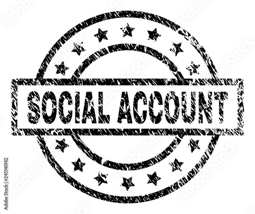 SOCIAL ACCOUNT stamp seal watermark with distress style. Designed with rectangle, circles and stars. Black vector rubber print of SOCIAL ACCOUNT title with unclean texture.