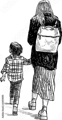 A sketch of young woman with her kid going on a stroll