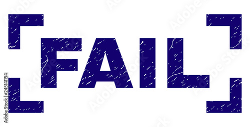 FAIL caption seal print with corroded texture. Text caption is placed between corners. Blue vector rubber print of FAIL with corroded texture.