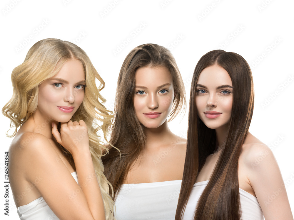 Beautiful hair women group beauty concept woman with long hairstyle different color and fashion isolated on white. Curly and smooth brunette and blonde hair model Beautiful hair women group beauty concept woman with long hairstyle different color and fashion isolated on white. Curly and smooth brunette and blonde hair model