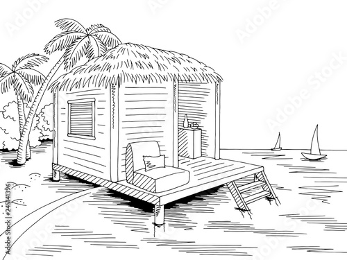 Bungalow hut house coast beach graphic black white sea landscape sketch illustration vector