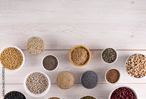 Top view superfood assortment in a various bowls