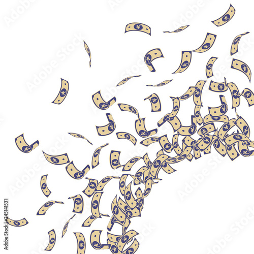 Chinese yuan notes falling. Small CNY bills on whi