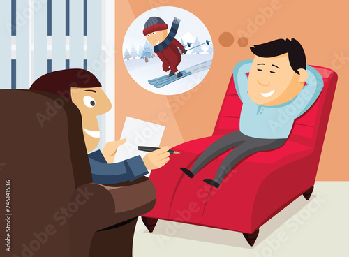 Man at a psychologist. Positive Thinking. Psychology. Trouble. Depression. Anxiety. Phobias.   Cartoon vector illustration.